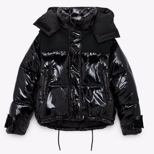 BNWT Zara Woman Jacket Combination Puffer Jacket Black Shine Coat XS